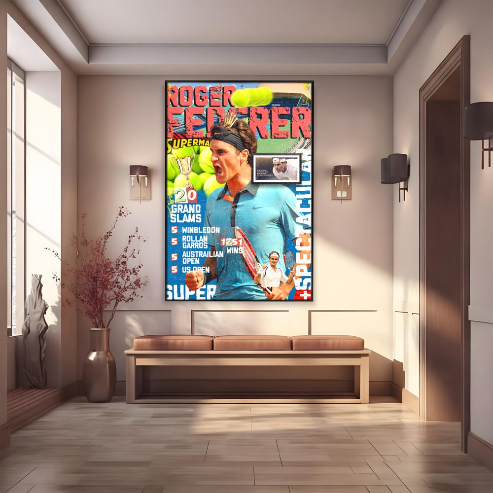 Tablou canvas cu tablou canvas cu roger federer si racheta de tenis, in rama de aluminiu negru